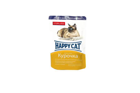 HAPPY CAT 100 г консервы для стерилизованных кошек кусочки в желе курочка пауч