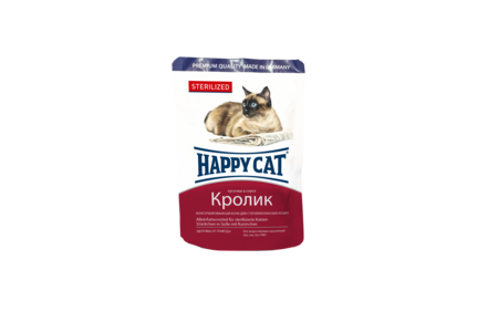 HAPPY CAT 100 г консервы для стерилизованных кошек кусочки в соусе кролик пауч