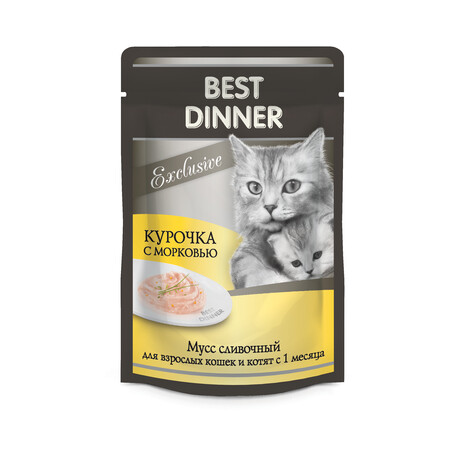 Best Dinner Exclusive 85 г консервы для кошек и котят с 1 месяца мусс сливочный с курочкой и морковью пауч