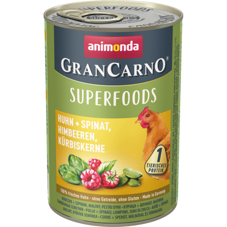 ANIMONDA GRAN CARNO SUPERFOODS Chicken + Spinach, Raspberries, Pumpkin Seeds 400 г консервы для взрослых собак с курицей, шпинатом, малиной, тыквенными семечками