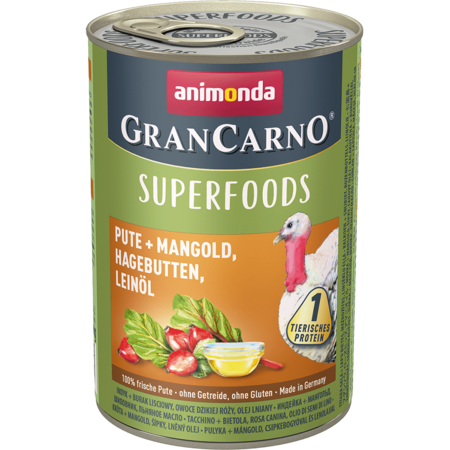 ANIMONDA GRAN CARNO SUPERFOODS Turkey + Chard, Rosehips, Linseed Oil 400 г консервы для взрослых собак c индейкой, мангольдом, шиповником, льняным маслом