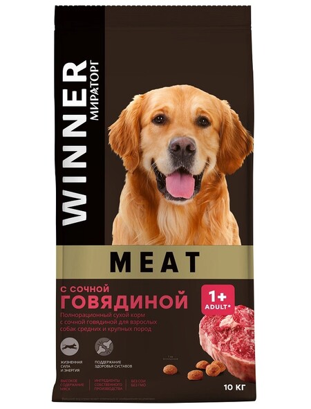WINNER MEAT полнорационный сухой корм с сочной говядиной для взрослых собак средних и крупных пород