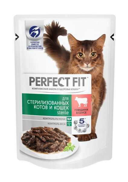 PERFECT FIT 85 г пауч влажный полнорационный корм для стерилизованных котов и кошек с говядиной в соусе 1х24