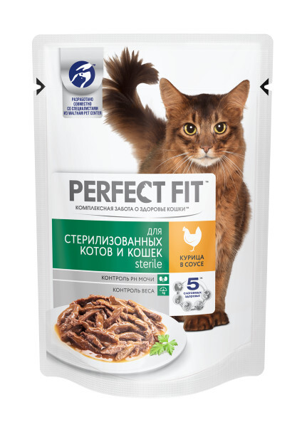 PERFECT FIT 85 г пауч влажный полнорационный корм для стерилизованных котов и кошек с курицей в соусе 1х24