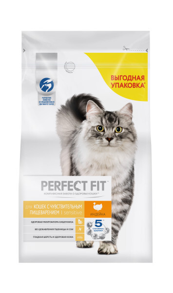 PERFECT FIT 2,5 кг сухой полнорационный корм для взрослых кошек с чувствительным пищеварением с индейкой