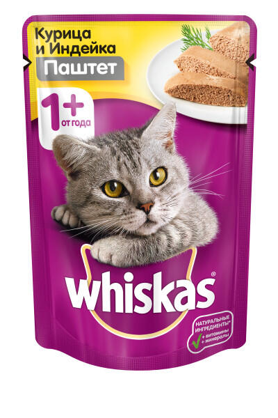 WHISKAS 85 г пауч влажный корм для кошек паштет из курицы с индейкой 1х24