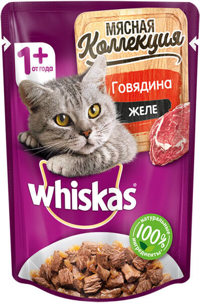 WHISKAS Мясная коллекция 85 г пауч влажный полнорационный корм для взрослых кошек с говядиной 1х28