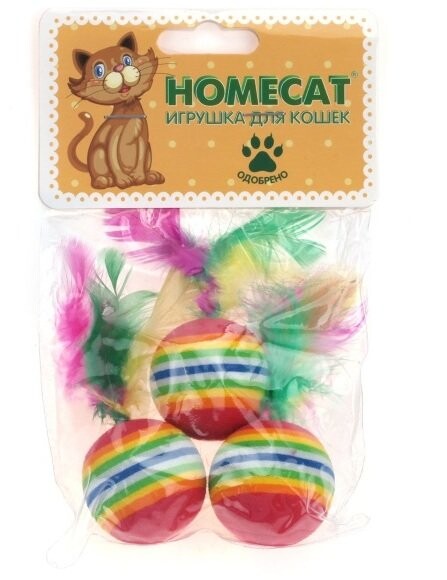HOMECAT 3 шт Ф 3,5 см игрушка для кошек мячи радужные с пером