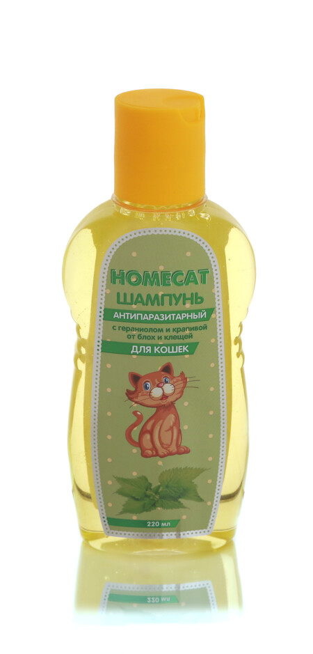 HOMECAT 220 мл шампунь для кошек антипаразитарный от блох и клещей с гераниолом и крапивой