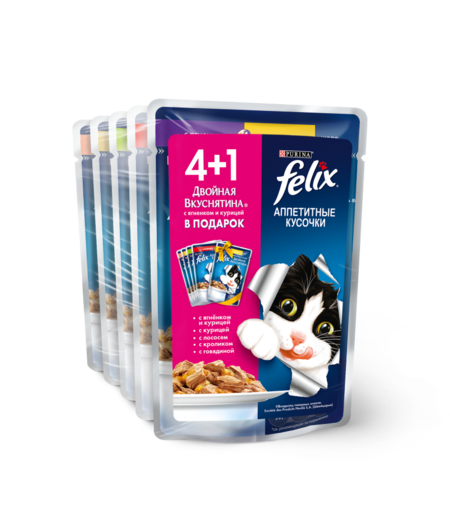 FELIX 5(5х85 г) набор 4+1 корм для кошек ягненок, курица