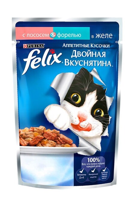 Felix 85 г пауч консервы для кошек аппетитные кусочки в желе двойная вкуснятина с лососем и форелью 1х24