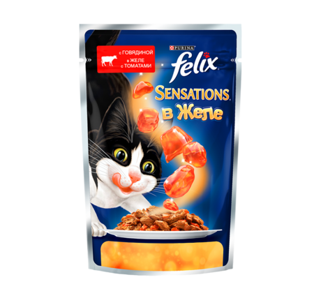Felix Sensations 85 г пауч консервы для кошек, с говядиной в желе с томатами
