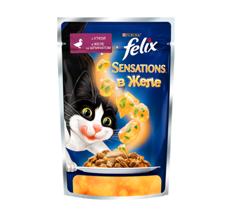 Felix Sensations 85 г пауч консервы для кошек, с уткой в желе со шпинатом