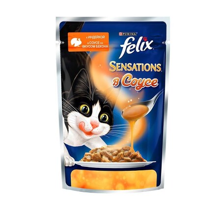 Felix Sensations 85 г пауч консервы в удивительном соусе для кошек, индейка с беконом