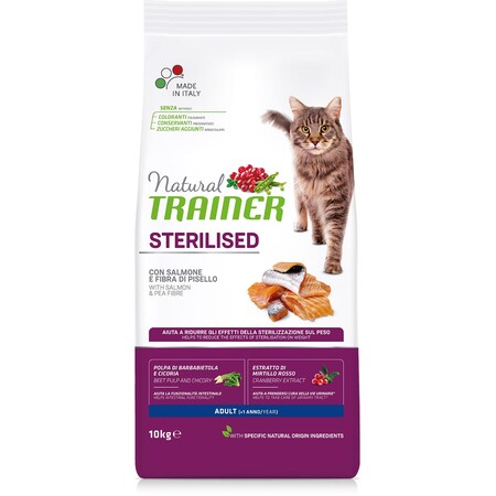 TRAINER NATURAL ADULT STERILISED 10 кг корм для взрослых кастрированных кошек с лососем