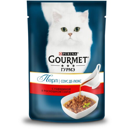 Gourmet Perle Соус Де-люкс 85 г пауч консервы для кошек, с говядиной в роскошном соусе 1х24