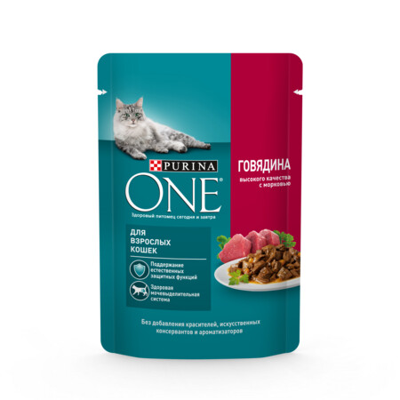 Purina ONE 75 г влажный корм для взрослых кошек, в соусе с говядиной и морковью