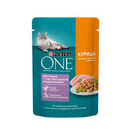 Purina ONE 75 г пауч влажный корм для кошек с чувствительным пищеварением, с курицей и морковью