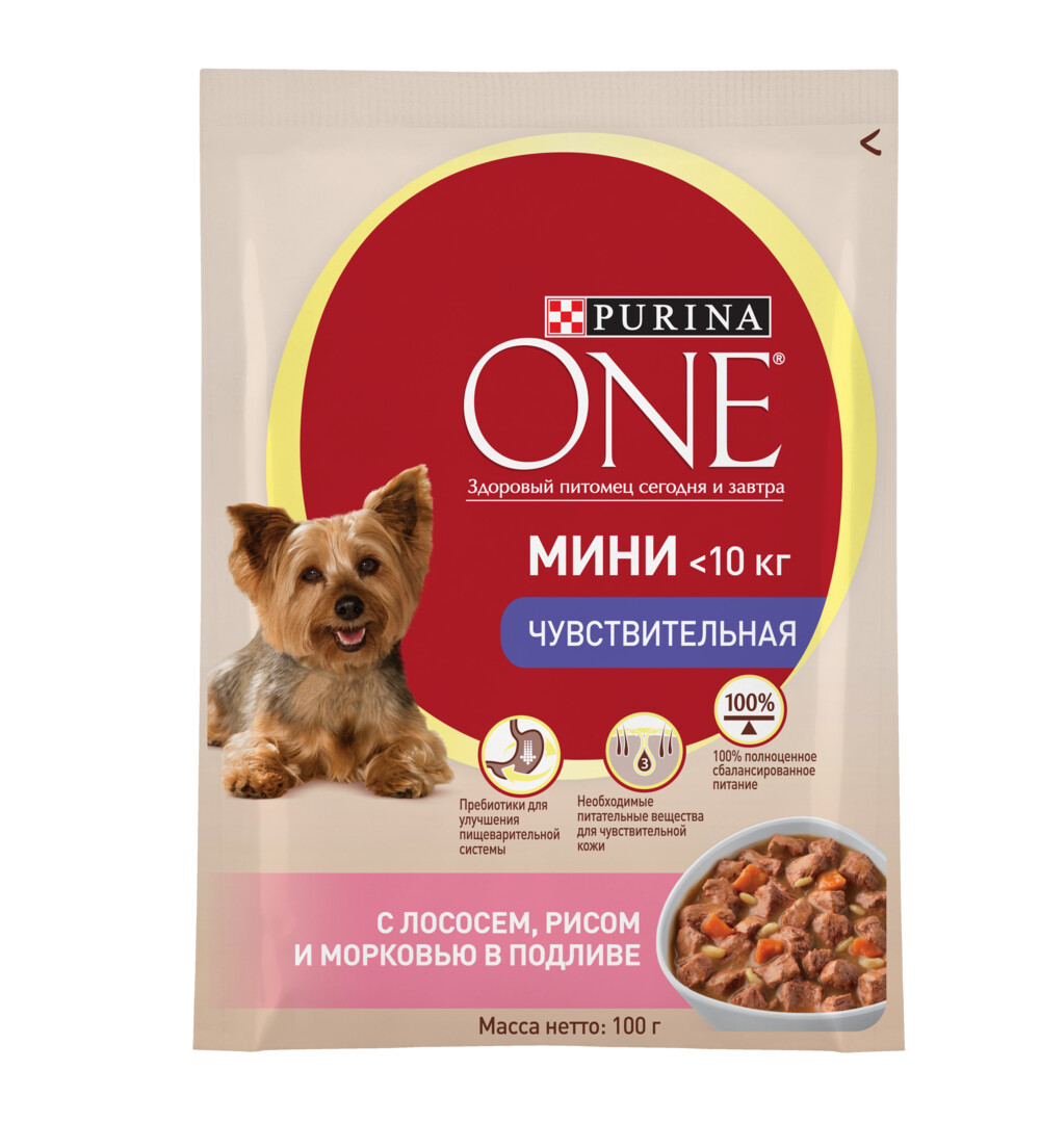 Purina ONE МИНИ Чувствительная 100 г пауч консервы для собак с лососем, рисом и морковью в подливе 1х24