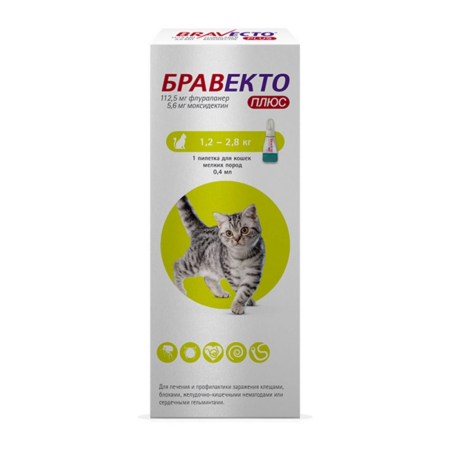 INTERVET БРАВЕКТО ПЛЮС 112,5 мг 1,2-2,8 кг капли для кошек против внутренних и внешних паразитов