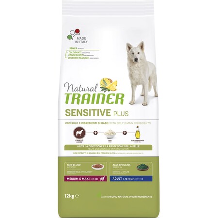 TRAINER NATURAL SENSITIVE PLUS 12 кг корм для взрослых собак средних и крупных пород с кониной и рисом