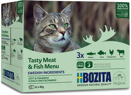 BOZITA Pouch Meat&fish in jelly Multibox 1,02 кг пауч для взрослых кошек кусочки в желе мясной и рыбный микс 1 х 12