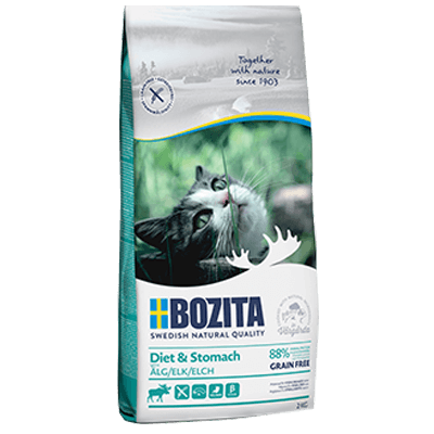 BOZITA Sensitive Diet & Stomach GF 34/10 сухой беззерновой корм для кошек с чувствительным пищеварением и пожилых кошек с избыточным весом с лосем