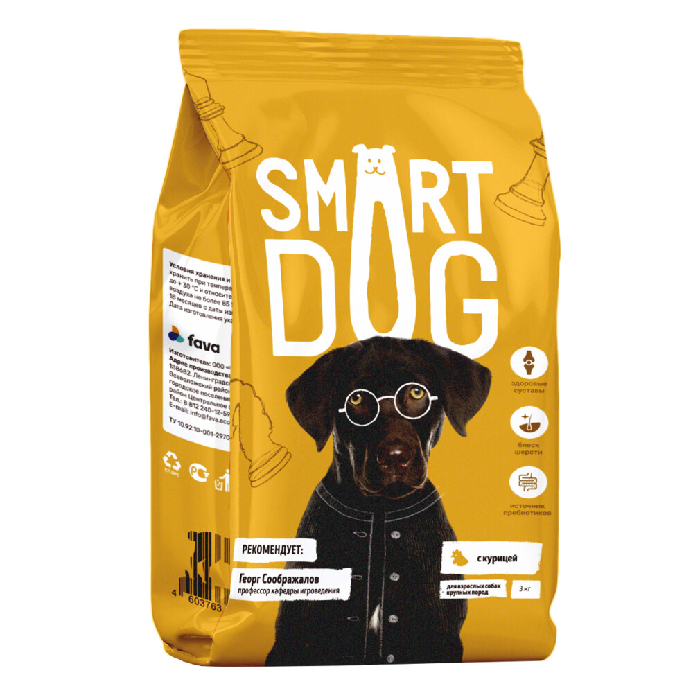 Smart Dog 3 кг сухой корм для взрослых собак крупных пород с курицей