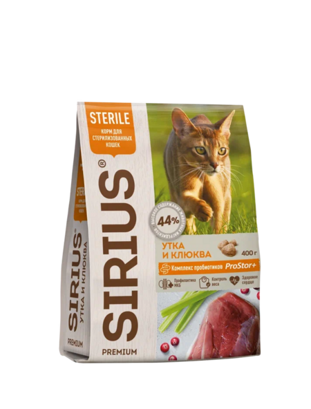 SIRIUS 1,5 кг сухой корм для стерилизованных кошек утка с клюквой