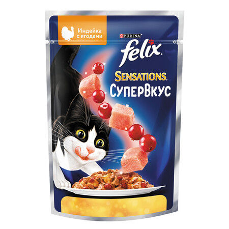 FELIX Sensations 75 г консервы для взрослых кошек супер вкус, индейка, ягоды