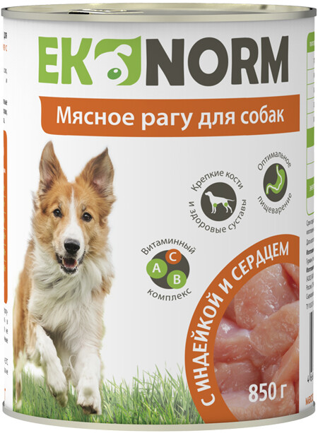 EKONORM 850 г консервы для собак мясное рагу с индейкой и сердцем