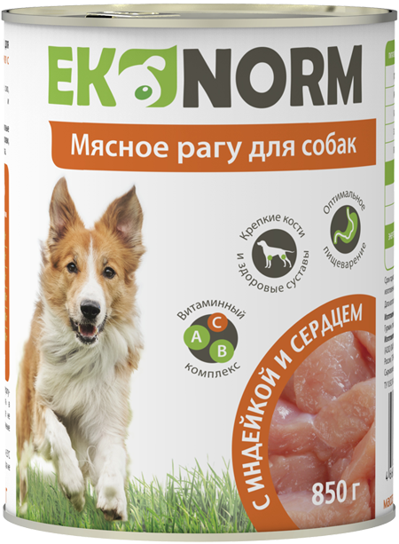 EKONORM 850 г консервы для собак мясное рагу с индейкой и сердцем