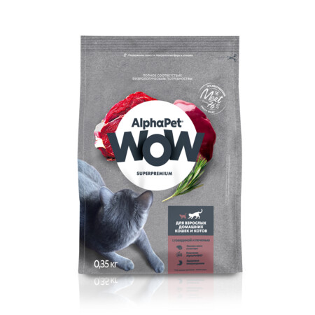 ALPHAPET WOW SUPERPREMIUM 350 гр сухой корм для взрослых домашних кошек и котов c говядиной и печенью