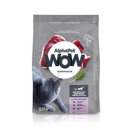 ALPHAPET WOW SUPERPREMIUM 350 гр сухой корм для взрослых домашних кошек и котов с уткой и потрошками