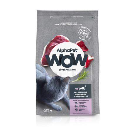 ALPHAPET WOW SUPERPREMIUM 750 гр сухой корм для взрослых домашних кошек и котов с уткой и потрошками