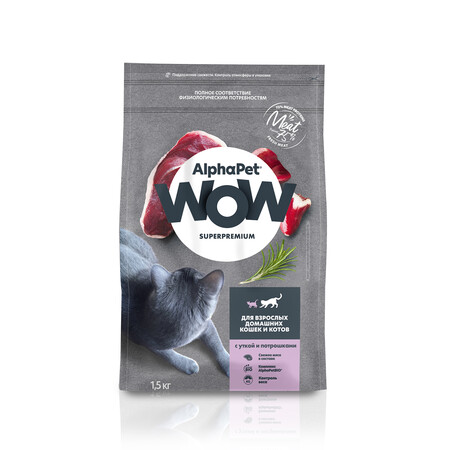 ALPHAPET WOW SUPERPREMIUM 1,5 кг сухой корм для взрослых домашних кошек и котов с уткой и потрошками