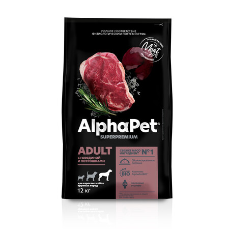 ALPHAPET SUPERPREMIUM 12 кг сухой корм для взрослых собак крупных пород с говядиной и потрошками