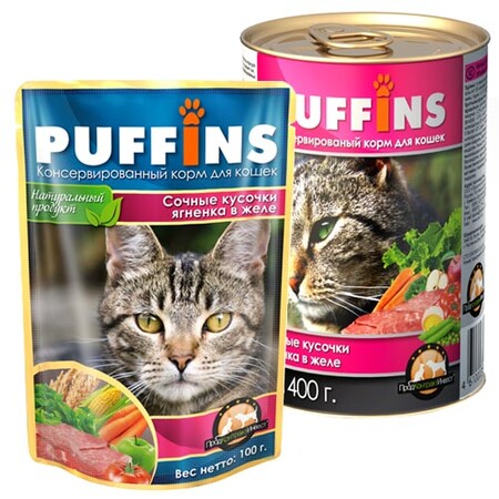 PUFFINS 415 г Консервы для кошек в желе с ягненком