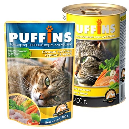 PUFFINS 415 г Консервы для кошек в желе с курицей