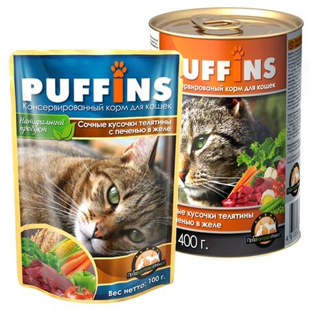 PUFFINS 415 г Консервы для кошек в желе с телятиой и печенью