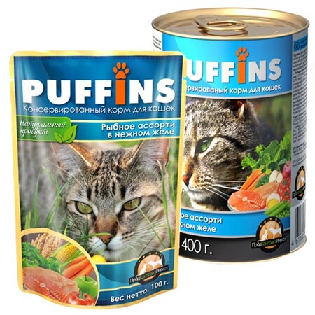 PUFFINS 415 г Консервы для кошек в желе рыбное ассорти