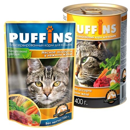 PUFFINS 415 г Консервы для кошек в желе мясное ассорти