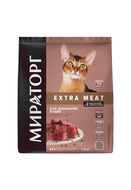 МИРАТОРГ EXTRA MEAT 1,2 кг сухой корм для домашних кошек старше 1 года с говядиной Black Angus
