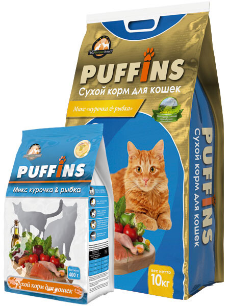 PUFFINS 400 г Корм сухой для взрослых кошек с курочкой и рыбкой