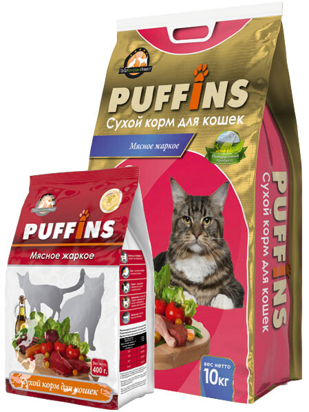 PUFFINS 400 г Корм сухой для взрослых кошек мясное жаркое