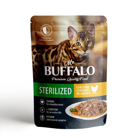 MR.BUFFALO STERILIZED 85 г пауч влажный корм для стерилизованных котов и кошек цыпленок в соусе 1х28