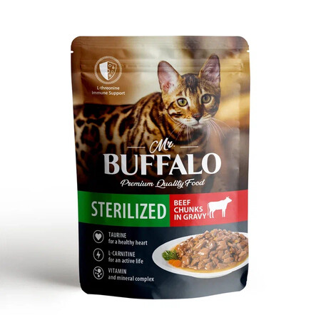 MR.BUFFALO STERILIZED 85 г пауч влажный корм для стерилизованных котов и кошек говядина в соусе 1х28