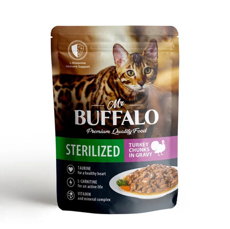 MR.BUFFALO STERILIZED 85 г пауч влажный корм для стерилизованных котов и кошек индейка в соусе 1х28