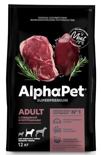 ALPHAPET SUPERPREMIUM ADULT 12 кг сухой корм для взрослых собак средних пород с говядиной и потрошками