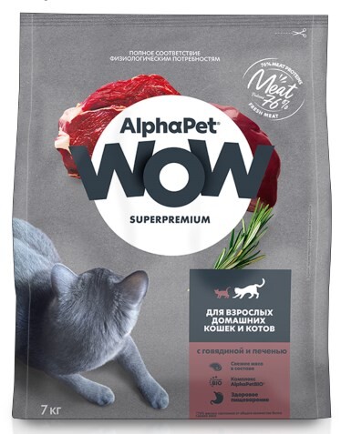 ALPHAPET WOW SUPERPREMIUM 7 кг сухой корм для взрослых домашних кошек и котов c говядиной и печенью